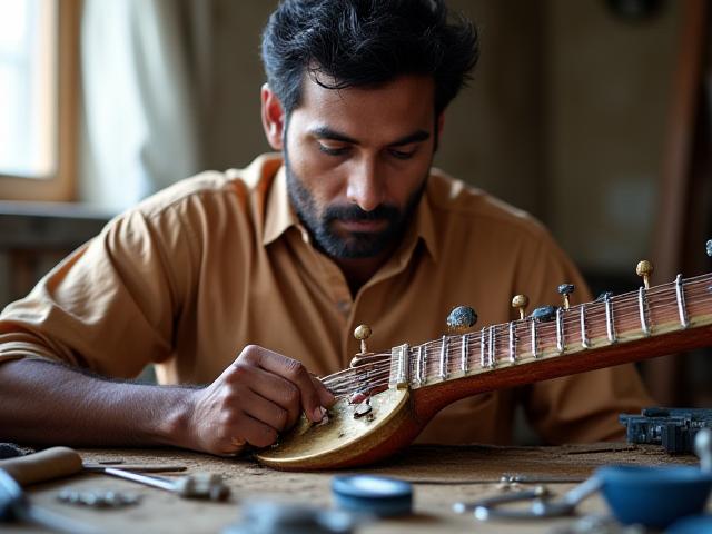 Veena Mend के संस्थापक उपकरणों की मरम्मत करते और संगीत वाद्ययंत्रों को ट्यून करते हुए
