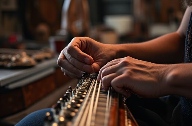 विशेषज्ञ पारंपरिक भारतीय वाद्ययंत्र सितार की मरम्मत कर रहा है